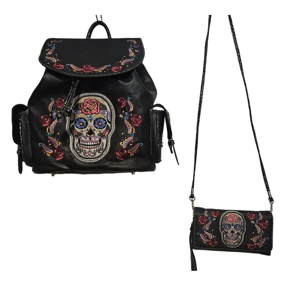 Sugar Skull Embroidered Backpack and Matching Crossbody Wallet Set Black